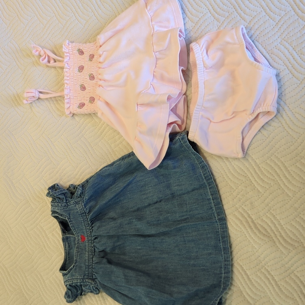 3-6M Bundle of 2 Adorable Denim and Pink Baby Girl Dress Set